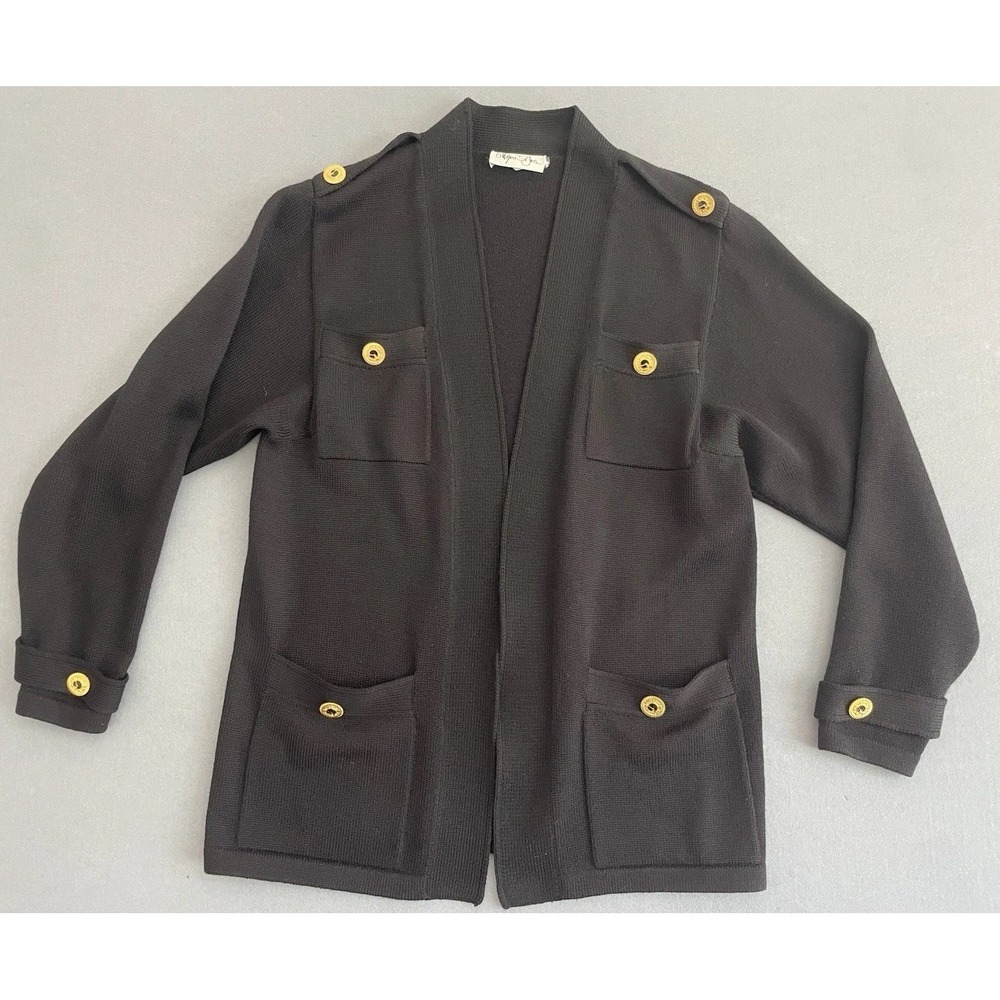Wayne‎ St John Knit Black Cardigan Sweater S P VTG Gold Button Old Money Epaulet